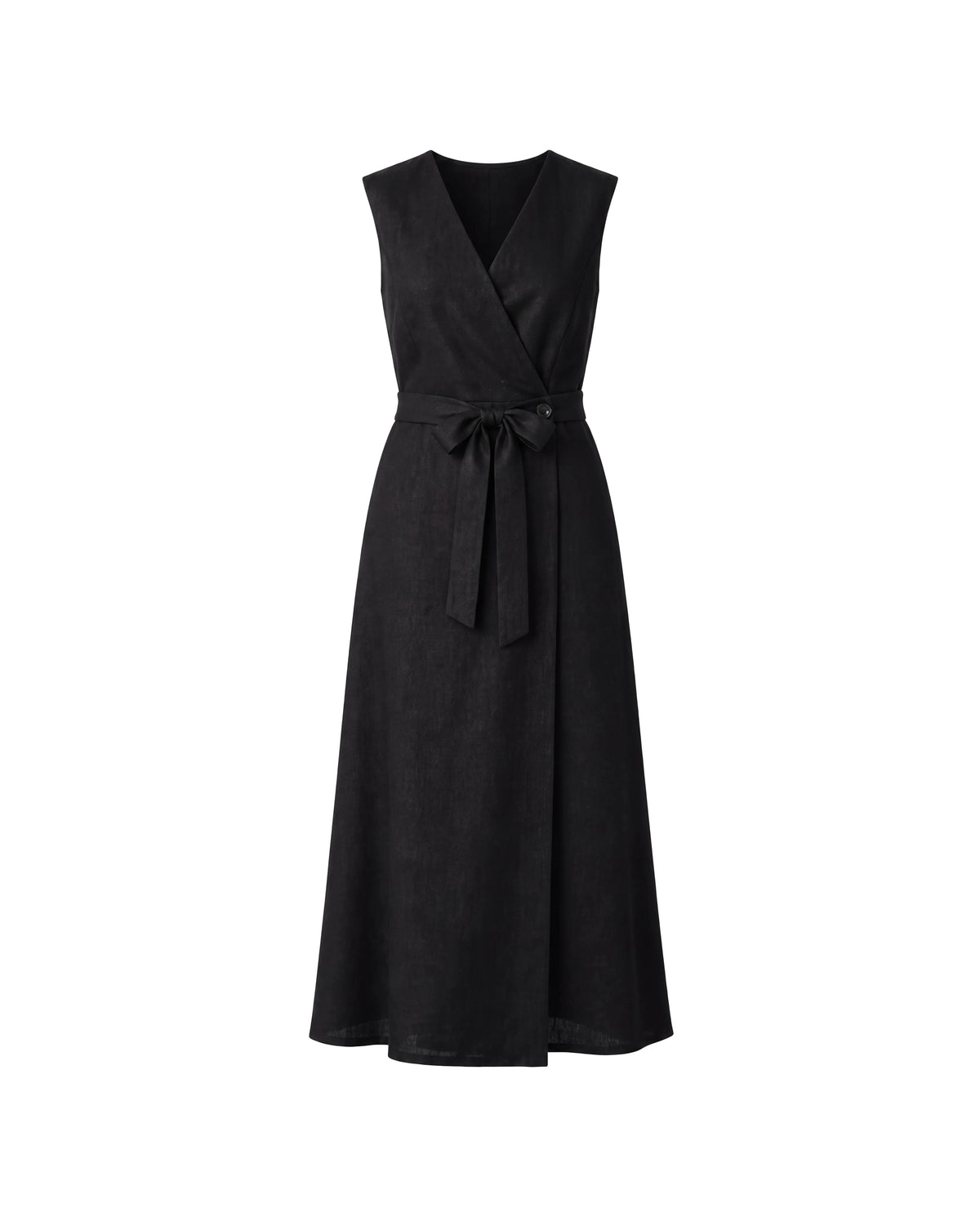 Black linen wrap dress Lissi on a mannequin, front view, Muulin