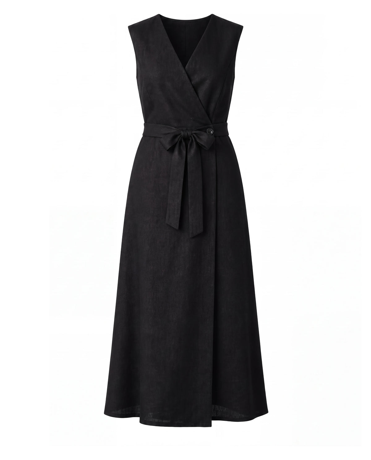 Black linen wrap dress Lissi on a mannequin, front view, Muulin